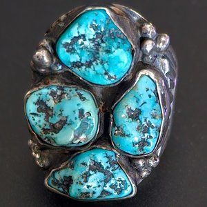 Vintage Navajo Sterling and Turquoise Nugget Heavy Mens Ring Sz 9.5"